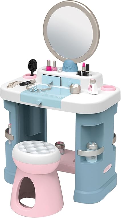 SMOBY BEAUTY CENTRE DRESSING TABLE - Adjustable mirror, stool. 15 pieces pretend makeup, tiara, hair play tools - perfect for creative play - educational interactive gift for children aged 3 4 5 6 7