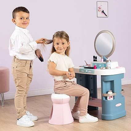 SMOBY BEAUTY CENTRE DRESSING TABLE - Adjustable mirror, stool. 15 pieces pretend makeup, tiara, hair play tools - perfect for creative play - educational interactive gift for children aged 3 4 5 6 7