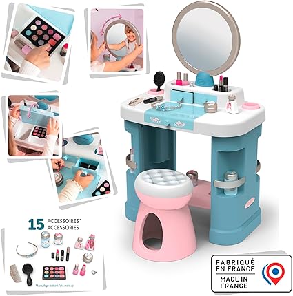 SMOBY BEAUTY CENTRE DRESSING TABLE - Adjustable mirror, stool. 15 pieces pretend makeup, tiara, hair play tools - perfect for creative play - educational interactive gift for children aged 3 4 5 6 7