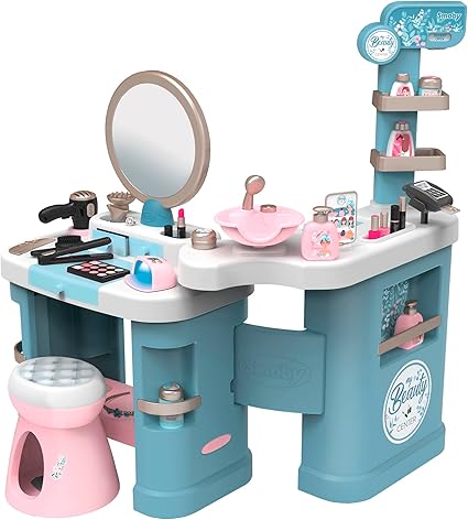 Smoby My Beauty Pretend Play Roleplay Salon with Stool and Mirror, Vanity Station with Lights and Sounds Includes 32 Accessories and Foldable For Storage, For Children From 3+