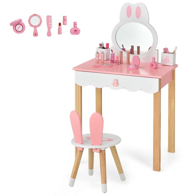 Kids Vanity Table and Chair Pretend Play with Mirror and Drawers