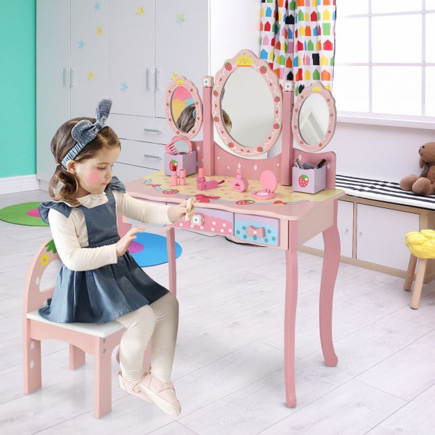 Children's Dressing Table and Chair Set with 3 Mirrors and 3 Drawers