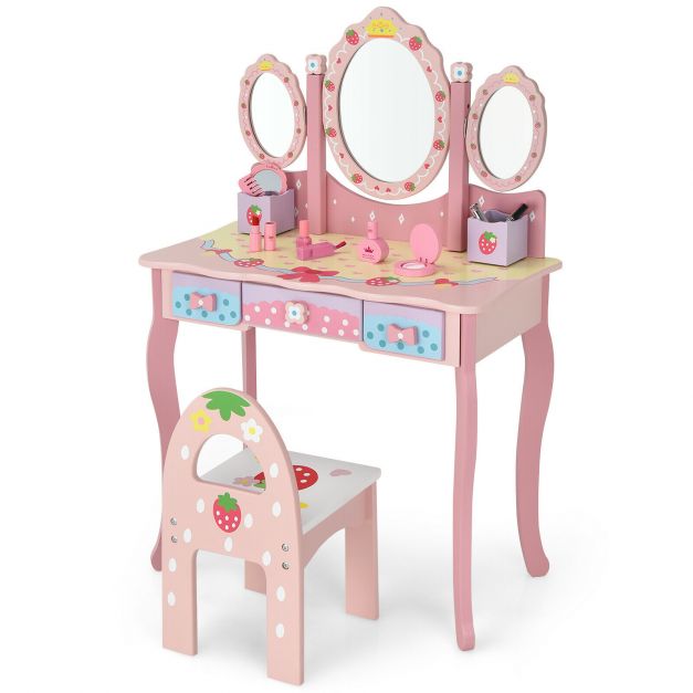 Children's Dressing Table and Chair Set with 3 Mirrors and 3 Drawers