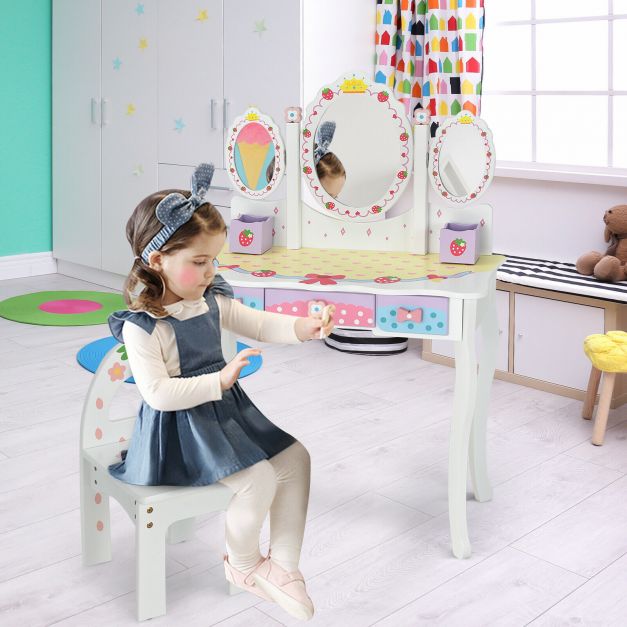 Children's Dressing Table and Chair Set with 3 Mirrors and 3 Drawers