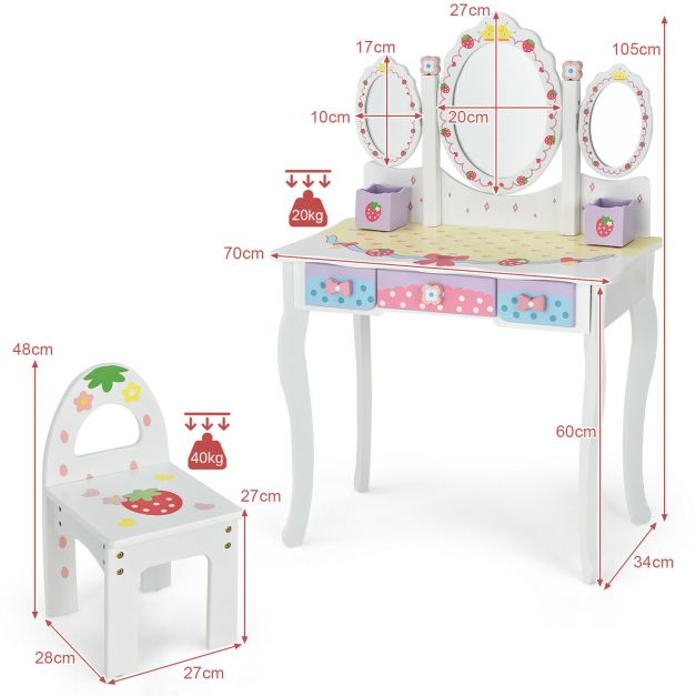 Children's Dressing Table and Chair Set with 3 Mirrors and 3 Drawers