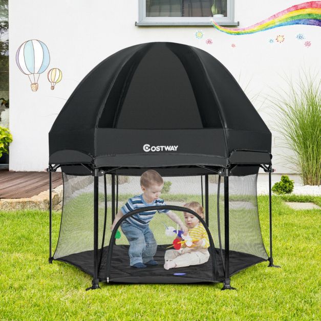 Portable Baby Playpen with Breathable Mesh and Removable Canopy