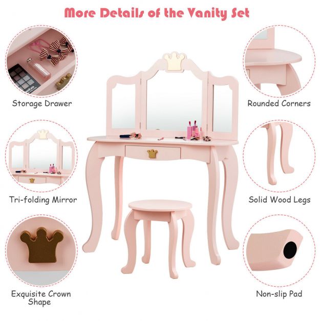 Kids Dressing Table and Stool Set with Tri-fold Mirror and Drawer