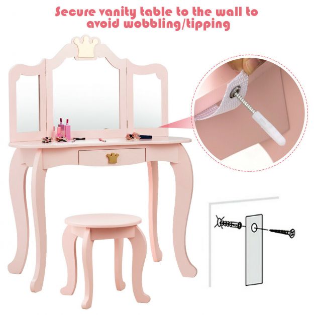 Kids Dressing Table and Stool Set with Tri-fold Mirror and Drawer