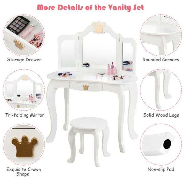 Kids Dressing Table and Stool Set with Tri-fold Mirror and Drawer