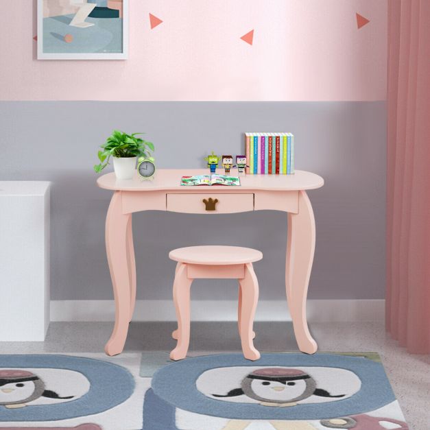 Kids Dressing Table and Stool Set with Tri-fold Mirror and Drawer