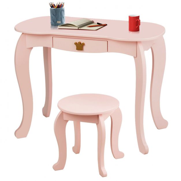 Kids Dressing Table and Stool Set with Tri-fold Mirror and Drawer