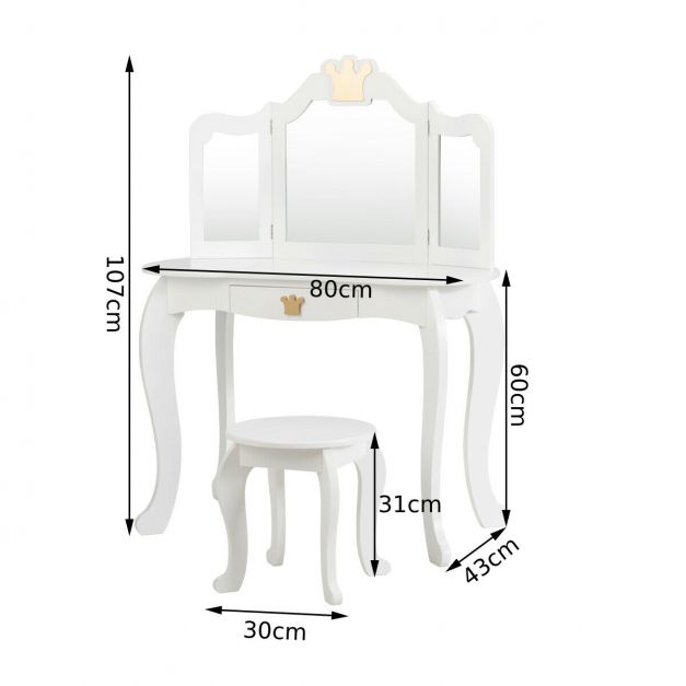 Kids Dressing Table and Stool Set with Tri-fold Mirror and Drawer