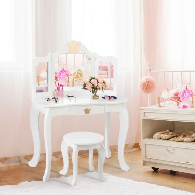 Kids Dressing Table and Stool Set with Tri-fold Mirror and Drawer